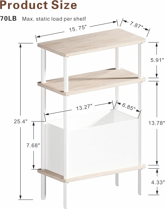 Narrow Side Table with Fabric Basket, Slim Nightstand with 3-Tier Storage Shelf - Image 3