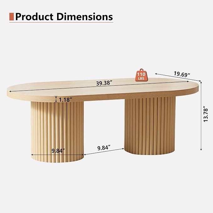Oval Fluted Coffee Table, Farmhouse Wood Coffee Table Mid Century Modern Center - Image 2