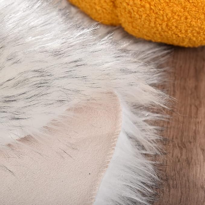 ORINOVA White and Grey Round Shag Rug 4ft Faux Sheepskin Fur Rugs - Image 3