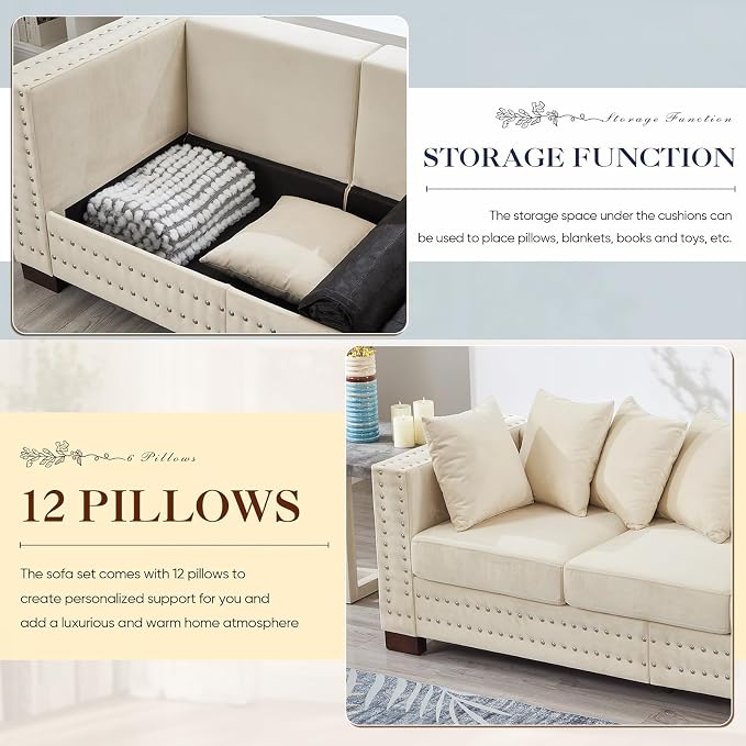 2 Piece Velvet Couch and Loveseat Sets, Mid Century Modern Couch - Image 5