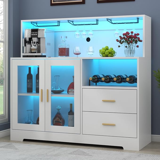 Bar Cabinet for Home with LED Light, Coffee Bar Cabinet with Wine & Glass Rack by AuromieDirect