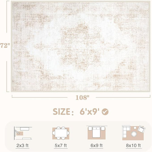 Area Rug 6x9 Vintage Rug: Washable Living Room Rugs Retro Medallion Distressed - Image 2