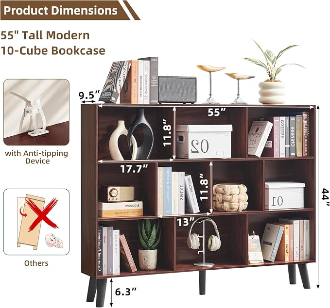 LEYAOYAO 10 Cube Bookshelf, 3 Tier Vintage 55" Wide Bookcase - Image 2