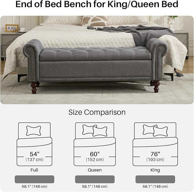 SOFTHION 58.1" Storage Bench Upholstered Linen End of Bedroom Bed Bench Ottoman - Image 5