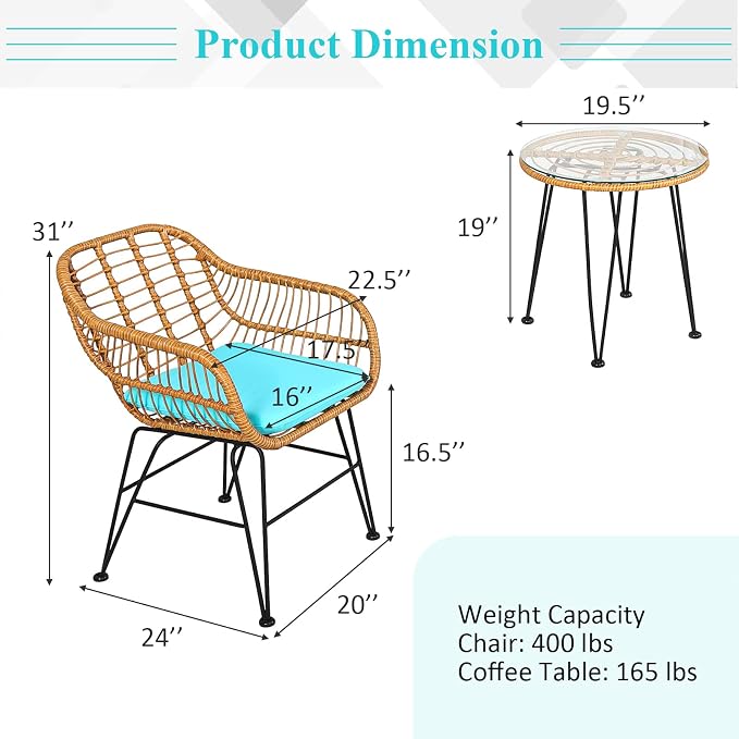 Tangkula 3 Pieces Patio Bistro Set, Rattan Conversation Set - Image 5