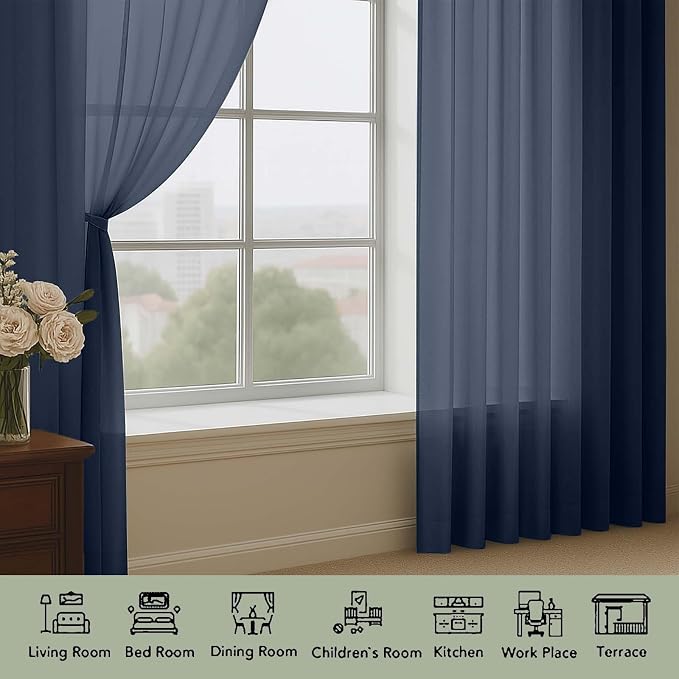 OWENIE Sheer Navy Blue Curtains 108 Inches Long - Image 3