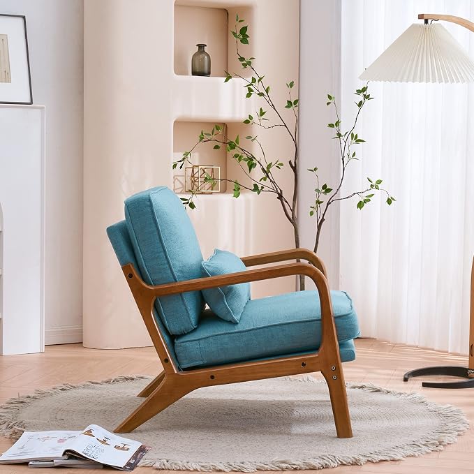 VINGLI Cozy Living Room Chairs, Linen Teal Accent Chairs Set of 2, Wood Lounge - Image 8