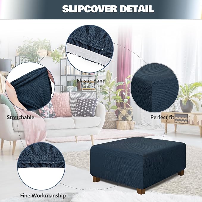 NeColorLife Square Ottoman Cover Jacquard Fabric Thick Stretchable Slipcover - Image 2