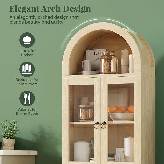 71" Tall Arched Cabinet with Acrylic Door, Modern Curio Arched Bookcase with - Image 3