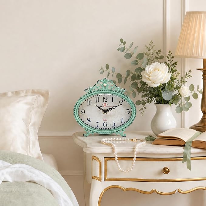 NIKKY HOME Vintage Table Clock, French Turquoise Color Rococo Style Desk Clock - Image 5
