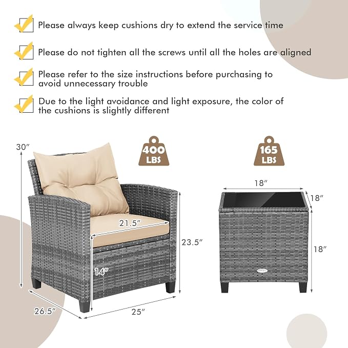 COSTWAY 3PCS Patio Furniture Set, PE Rattan Wicker Sofa w/Washable Cushion and - Image 3
