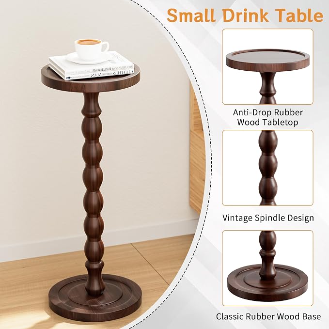 2 Pack Solid Wood Drink Table, Rubber Wood‌ Small Round Side Table - Image 5