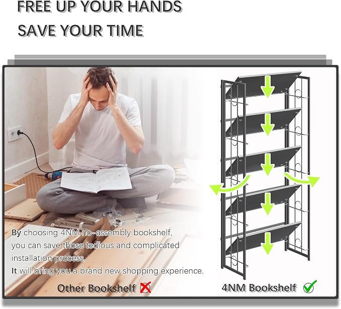 4NM No Assembly 5 Tiers Folding Bookshelf, 59.4" H Foldable Storage Shelves - Image 6