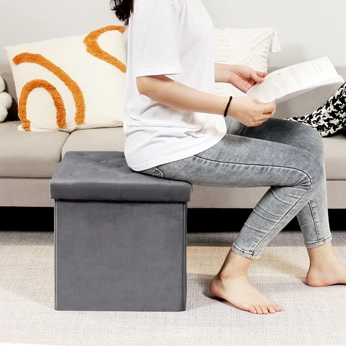 B FSOBEIIALEO Storage Ottoman Cube, Velvet Tufted Folding Ottomans - Image 4