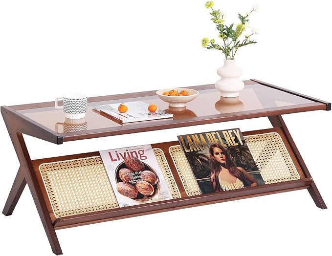 Tiita Rattan Coffee Table, Bamboo Accent Bedside Tables, Glass Nightstand Side by TiitaHome