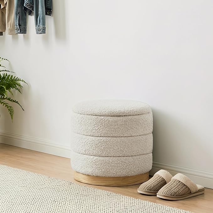 Round Storage Ottoman with Reversible Tray Lid, Folding Chenille Fabric - Image 8