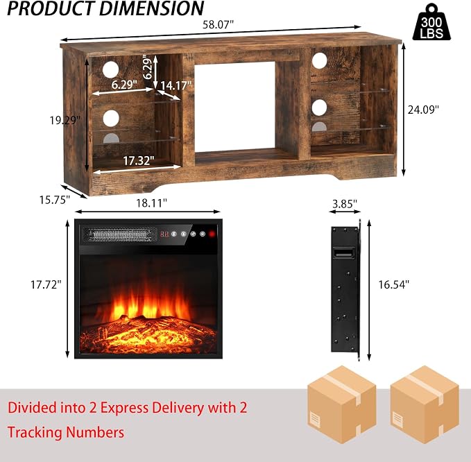 PRETZI Fireplace TV Stand with 18" Fireplace Up to 65" TVs, TV Media Console - Image 6