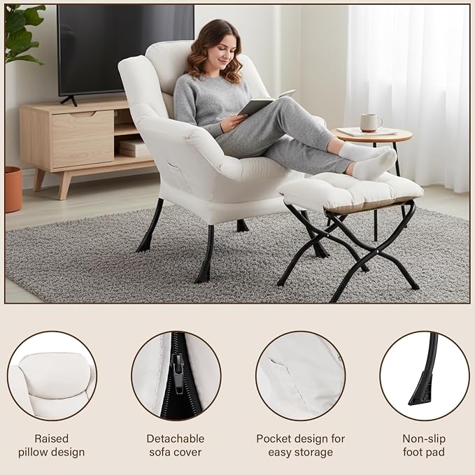 Welnow Lazy Chair with Ottoman, Modern Reading Accent Chair with Armrests and a - Image 6