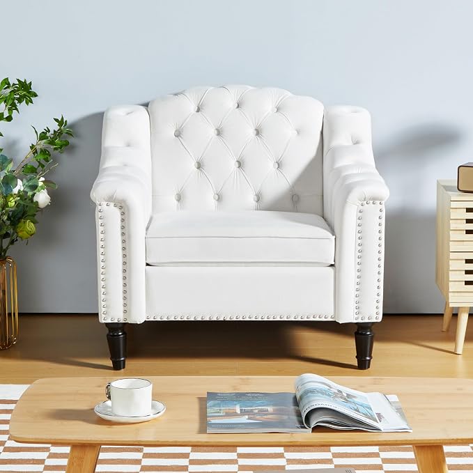 LEVNARY White Velvet Chair for Bedroom, Upholstered Sofa Chair by LEVNARY