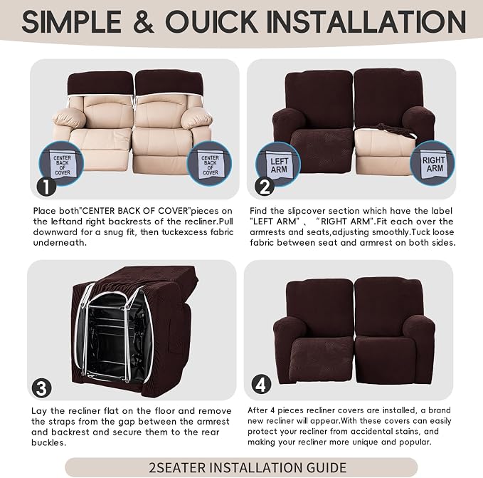 Recliner Loveseat Covers, 4-Piece Stretch Geometric Strokes Jacquard Reclining - Image 8