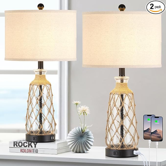 Ruzectt 25.5" Coastal Glass Table Lamps Set of 2, 3-Way Dimmable Touch Control by Home
