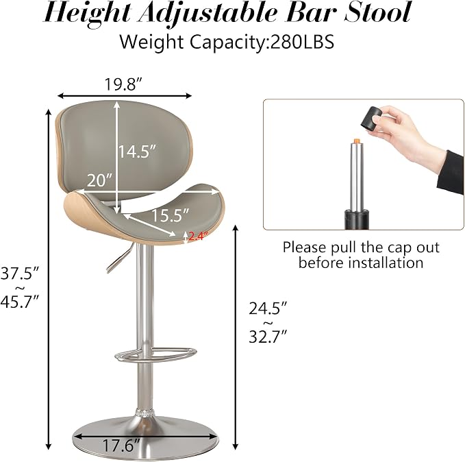 KCC Bar Stools Set of 6, Swivel Adjustable Height Barstools, PU Leather - Image 3
