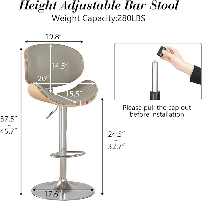 KCC Bar Stools Set of 2, Swivel Adjustable Height Barstools, PU Leather - Image 3