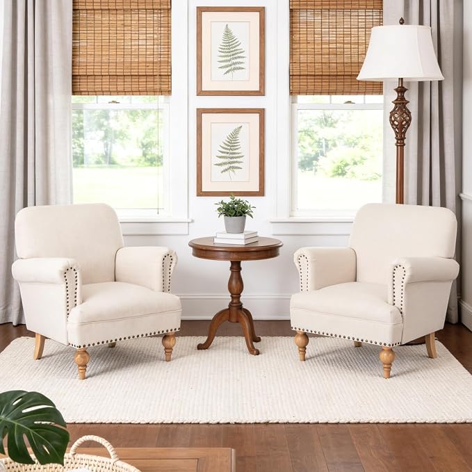 Beige Linen Fabric Accent Chairs Set of 2, Modern Farmhouse Upholstered - Image 7