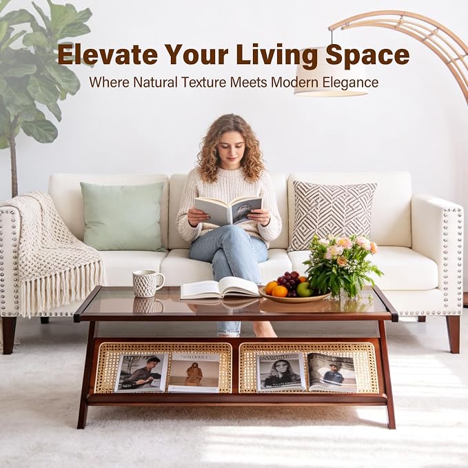 Tiita Rattan Coffee Table, Bamboo Accent Bedside Tables, Glass Nightstand Side - Image 4