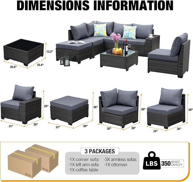 JOYURE 7 Pieces Patio Furniture Set All-Weather Outdoor Wicker Sectional - Image 2