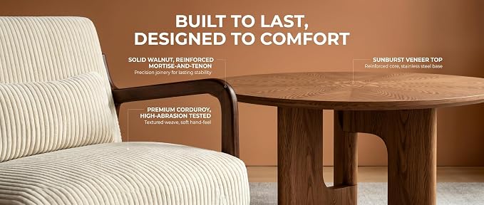 Mid-Century Modern Living Room Set – 31.5" Round Rustic Ash Wood Coffee Table & - Image 7