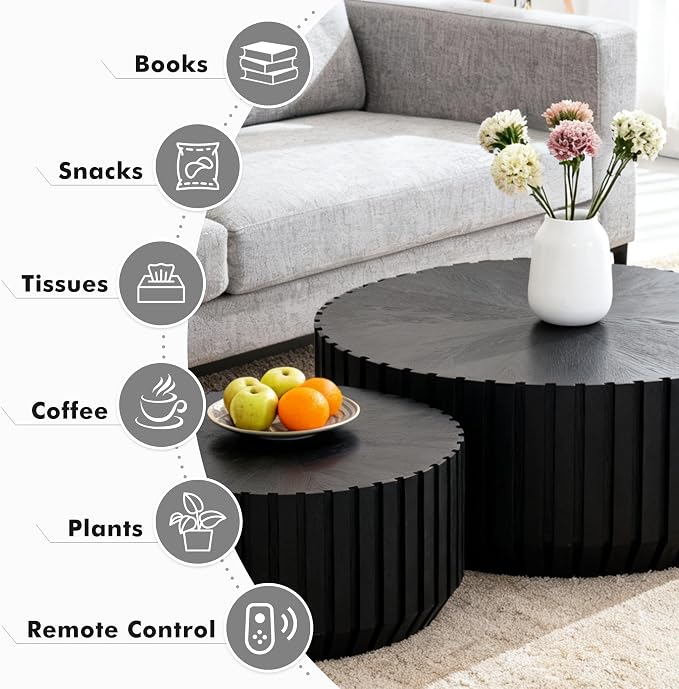 Black Round Nesting Tables for Living Room, Nesting Coffee Table Wooden Fluted - Image 4