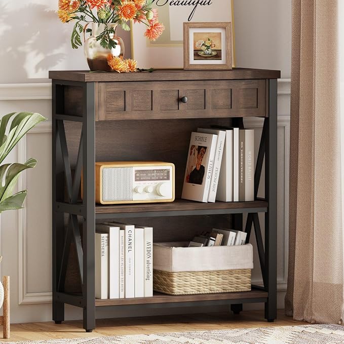 FATORRI Small Bookcase with Drawer, Industrial 3 Shelf Bookshelf, Wood and - Image 7