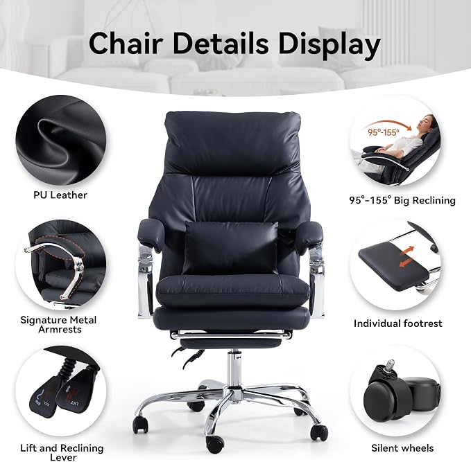 LEAGOO Office Chair with Foot Rest, Swivel Computer Desk Chair PU Leather - Image 6