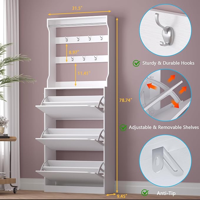 BORNOON Shoe Cabinet with 3 Flip Drawers & Coat Rack, Narrow Hidden Shoe - Image 2