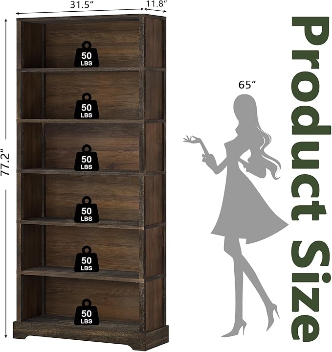 TVU 6-Tier Wooden Book Shelf, Floor-Standing Display Bookcase, 77.2" H x 31.5" - Image 3