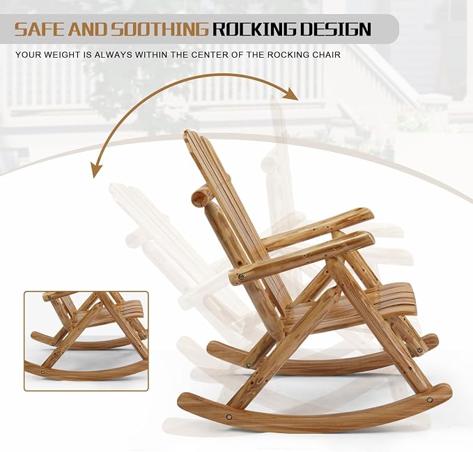 Outvita Wooden Rocking Chair Set of 2, Fir Log Adirondack Rocker, Outdoor Wood - Image 7