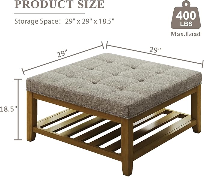 Befurtori Large Square Ottoman Coffee Table, Linen Solid Upholstered Footrest - Image 2