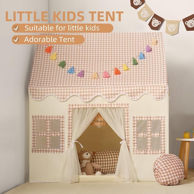 Kids Play Tent Indoor: with Brown Checkered, Rainbow Tissue Garland, Star Lights - Image 4