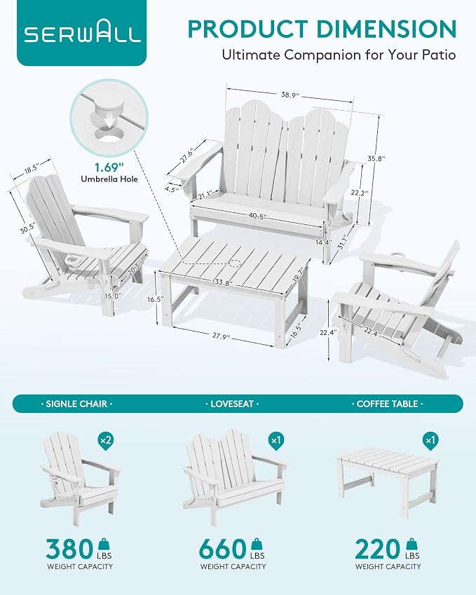 SERWALL 4 Pieces HDPE Patio Adirondack Chair Set, 2 Adirondack Chair - Image 3