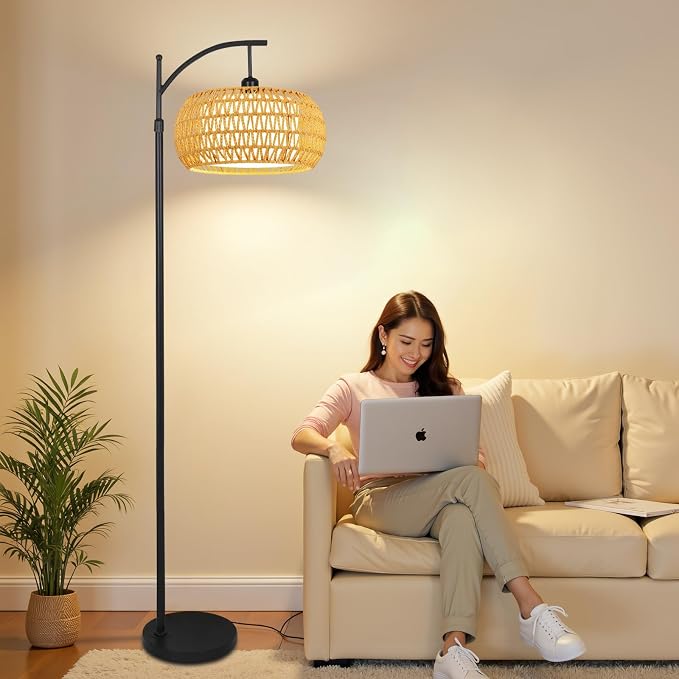 Arc Floor Lamps for Living Room Rattan Boho Floor Lamp - Image 7