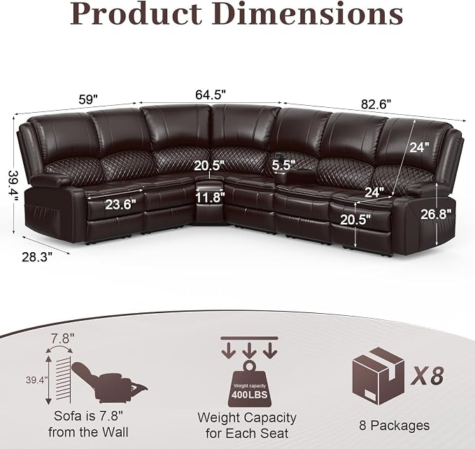 Yolsali Manual Reclining Sectional Sofa Set, 6 Seats Soft Leather Recliner - Image 2