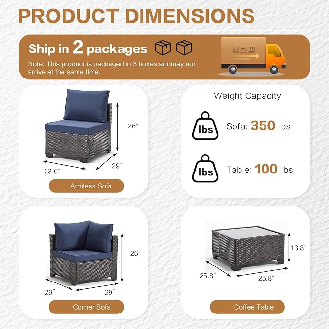 MOCHITO 5 Pieces Outdoor Patio Furniture Sets, All-Weather Sectional Sofa Dark - Image 5