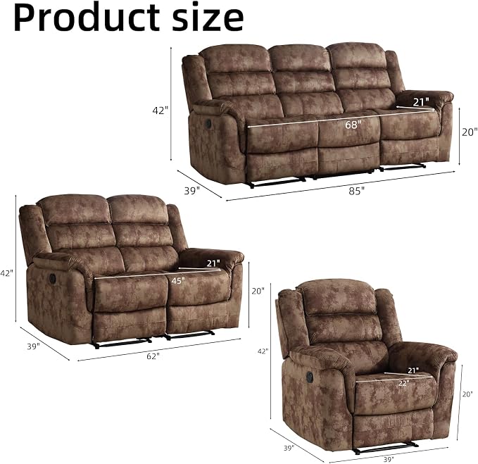 EBELLO 3 Pieces Reclining Living Room Set, Overstuffed Soft Fabric Manual - Image 2