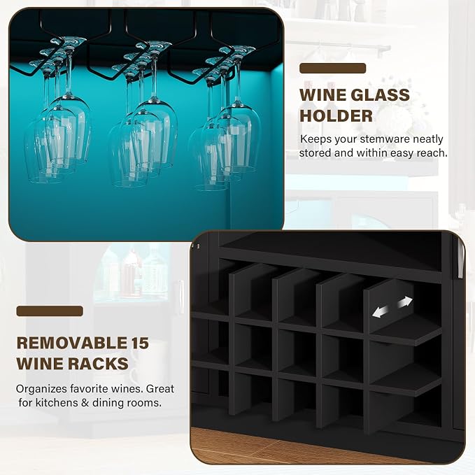 Wine Bar Cabinet with Power Outlet & LED Light, Coffee Bar Cabinet - Image 7