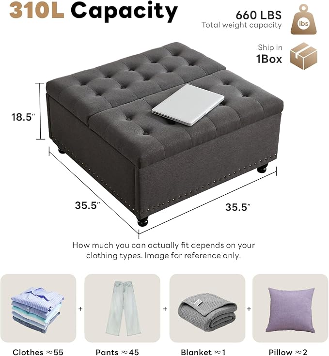 Tbfit Large Square Storage Ottoman Bench, Tufted Upholstered Coffee Table - Image 2