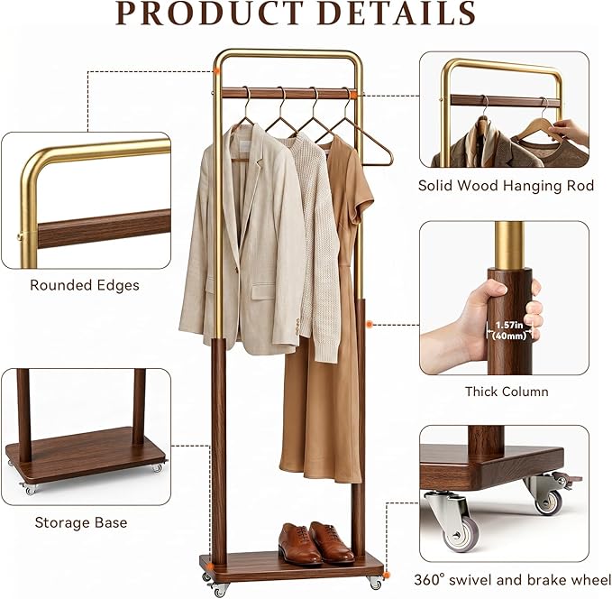 Taitiy Clothes Rack Solid Wood Coat Rack, Metal and Solid Wood Combination - Image 4