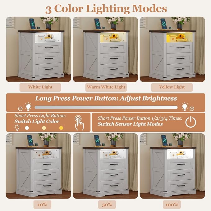 Turosur Night Stand with Charging Station 22" Large Farmhouse Nightstands with - Image 4
