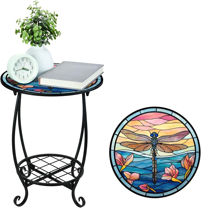 Cinnvoice Outdoor Side Table Round Small Mosaic Patio Accent Indoor End Plant - Image 7