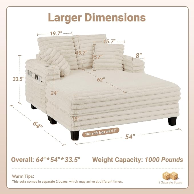 Amsleekey 64" Chaise Lounge Chair Indoor, Oversized Sleeper Chair - Image 2
